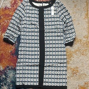 J. Crew Black and White Geometric Long Sleeve Silk Dress